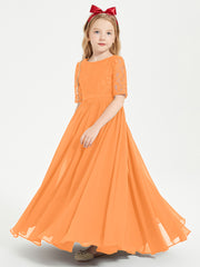 Long Junior Bridesmaid Gown Lace Top Half Sleeves Orange