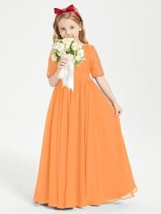 Long Junior Bridesmaid Gown Lace Top Half Sleeves Orange
