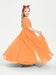 Long Junior Bridesmaid Gown Lace Top Half Sleeves Orange