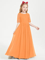 Long Junior Bridesmaid Gown Lace Top Half Sleeves Orange