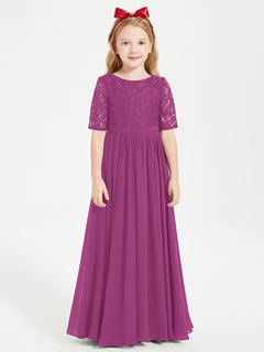 Long Junior Bridesmaid Gown Lace Top Half Sleeves Orchid