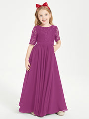 Long Junior Bridesmaid Gown Lace Top Half Sleeves Orchid