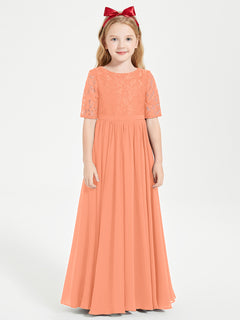 Long Junior Bridesmaid Gown Lace Top Half Sleeves Papaya