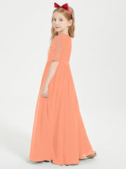 Long Junior Bridesmaid Gown Lace Top Half Sleeves Papaya