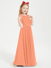 Long Junior Bridesmaid Gown Lace Top Half Sleeves Papaya