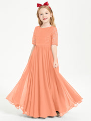 Long Junior Bridesmaid Gown Lace Top Half Sleeves Papaya