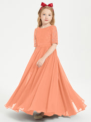 Long Junior Bridesmaid Gown Lace Top Half Sleeves Papaya