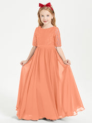 Long Junior Bridesmaid Gown Lace Top Half Sleeves Papaya