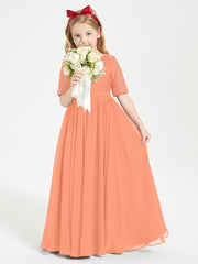 Long Junior Bridesmaid Gown Lace Top Half Sleeves Papaya