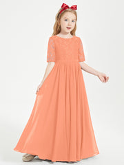 Long Junior Bridesmaid Gown Lace Top Half Sleeves Papaya
