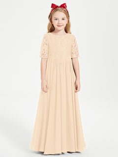 Long Junior Bridesmaid Gown Lace Top Half Sleeves Peach