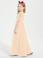 Long Junior Bridesmaid Gown Lace Top Half Sleeves Peach