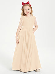 Long Junior Bridesmaid Gown Lace Top Half Sleeves Peach