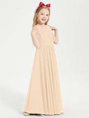 Long Junior Bridesmaid Gown Lace Top Half Sleeves Peach