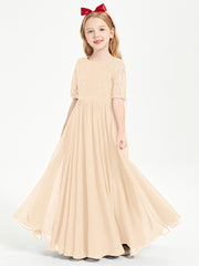 Long Junior Bridesmaid Gown Lace Top Half Sleeves Peach
