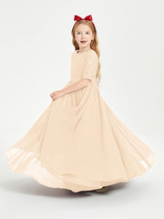 Long Junior Bridesmaid Gown Lace Top Half Sleeves Peach