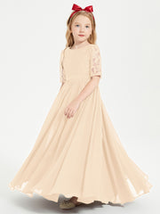 Long Junior Bridesmaid Gown Lace Top Half Sleeves Peach