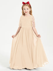Long Junior Bridesmaid Gown Lace Top Half Sleeves Peach
