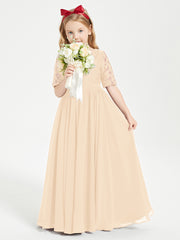 Long Junior Bridesmaid Gown Lace Top Half Sleeves Peach