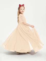 Long Junior Bridesmaid Gown Lace Top Half Sleeves Peach