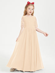 Long Junior Bridesmaid Gown Lace Top Half Sleeves Peach