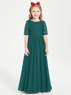 Long Junior Bridesmaid Gown Lace Top Half Sleeves Peacock