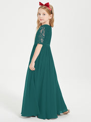Long Junior Bridesmaid Gown Lace Top Half Sleeves Peacock