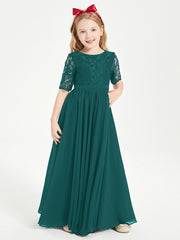 Long Junior Bridesmaid Gown Lace Top Half Sleeves Peacock