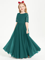 Long Junior Bridesmaid Gown Lace Top Half Sleeves Peacock