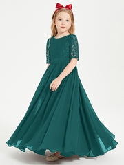 Long Junior Bridesmaid Gown Lace Top Half Sleeves Peacock