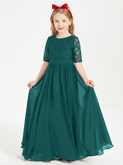 Long Junior Bridesmaid Gown Lace Top Half Sleeves Peacock
