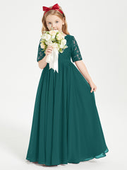 Long Junior Bridesmaid Gown Lace Top Half Sleeves Peacock