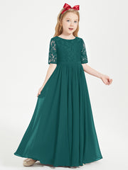 Long Junior Bridesmaid Gown Lace Top Half Sleeves Peacock
