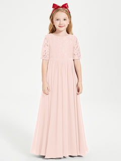 Long Junior Bridesmaid Gown Lace Top Half Sleeves Pearl Pink