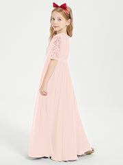 Long Junior Bridesmaid Gown Lace Top Half Sleeves Pearl Pink