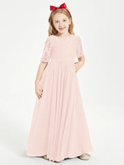 Long Junior Bridesmaid Gown Lace Top Half Sleeves Pearl Pink