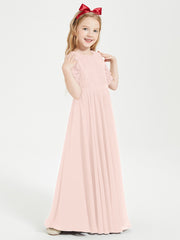 Long Junior Bridesmaid Gown Lace Top Half Sleeves Pearl Pink