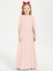 Long Junior Bridesmaid Gown Lace Top Half Sleeves Pearl Pink