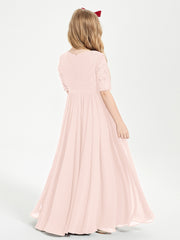 Long Junior Bridesmaid Gown Lace Top Half Sleeves Pearl Pink