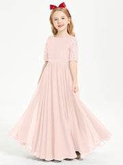 Long Junior Bridesmaid Gown Lace Top Half Sleeves Pearl Pink