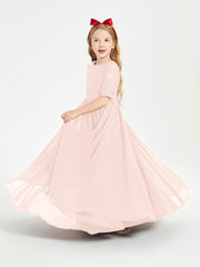 Long Junior Bridesmaid Gown Lace Top Half Sleeves Pearl Pink