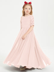 Long Junior Bridesmaid Gown Lace Top Half Sleeves Pearl Pink