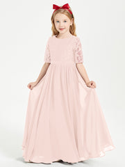 Long Junior Bridesmaid Gown Lace Top Half Sleeves Pearl Pink