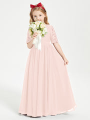 Long Junior Bridesmaid Gown Lace Top Half Sleeves Pearl Pink