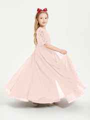 Long Junior Bridesmaid Gown Lace Top Half Sleeves Pearl Pink