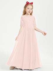 Long Junior Bridesmaid Gown Lace Top Half Sleeves Pearl Pink