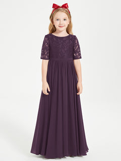 Long Junior Bridesmaid Gown Lace Top Half Sleeves Plum