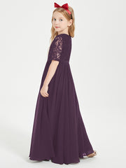 Long Junior Bridesmaid Gown Lace Top Half Sleeves Plum