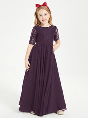 Long Junior Bridesmaid Gown Lace Top Half Sleeves Plum