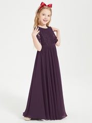 Long Junior Bridesmaid Gown Lace Top Half Sleeves Plum